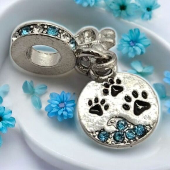 Paw Print Bracelet Charm 🐾 Pet Blue Rhinestone Dangle Cat Dog Mom Disc Pendant - Picture 5 of 5